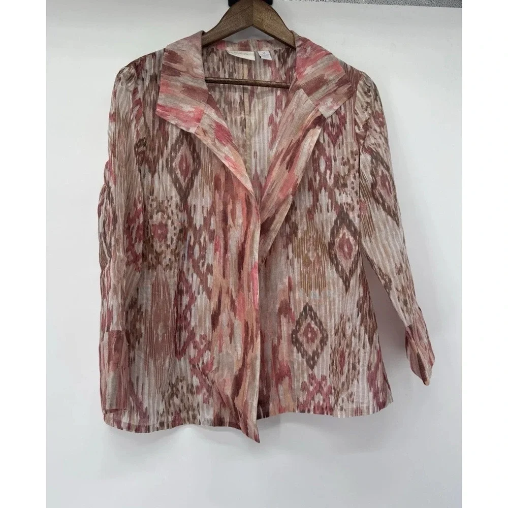 Chicos Jacket Blazer Pink Ikat 3/4 Sleeve Sheer Open Front Office Large 2 Geo